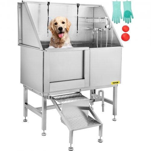 50inch Dog Grooming Tub Baths Dog Grooming Bath Stainless Steel Dog Baths for Large Dogs with Steps Faucet  Dog Washing Station Left Door