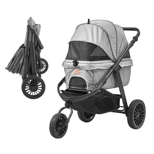Pet Stroller, 3 PU Wheels Dog Stroller Rotate with Brakes, 75 lbs Weight Capacity, Puppy Stroller with Pet Pad, Storage Basket and External Cup Holder, for Small to Medium Sized Dogs, Grey