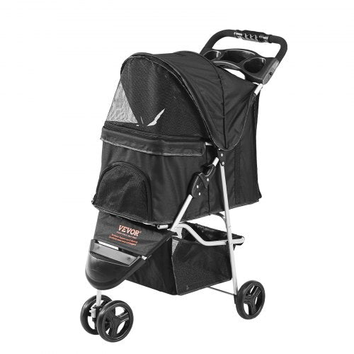 Pet Stroller, 3 Wheels Dog Stroller Rotate with Brakes, 35lbs Weight Capacity, Puppy Stroller with Front Pedal, Velcro, Storage Basket and Cup Holder, for Dogs and Cats Travel, Black