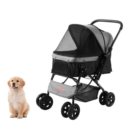 Pet Stroller, 4 Wheels Dog Stroller Rotate with Brakes, 44lbs Weight Capacity, Puppy Stroller with Reversible Handlebar, Storage Basket and Zipper, for Dogs and Cats Travel, Black+Grey