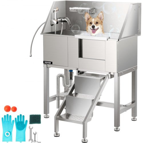 34" Dog Grooming Tub, Right Pet Wash Station, Professional Stainless Steel Pet Grooming Tub Rated 220LBS Load Capacity, Non-Skid Dog Washing Station Come with Ramp, Faucet, Sprayer and Drain Kit