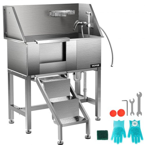 Pet Grooming Tub, Stainless Steel Dog Wash Station 200LBS Load Pet Washing Station 34" Dog Washing Station Water-Resistant Grooming Tub for Dogs with Removable Door & Ladder on the Left