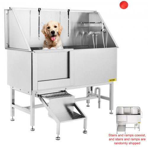 Professional Dog Grooming Tub, 62 inch Stainless Steel Pet Bathing Tub, 661 Lbs Load Large Dog Wash Tub with Faucet Walk-in Ramp Accessories, Dog Washing Station Pet Bath Tub Left Sliding Door