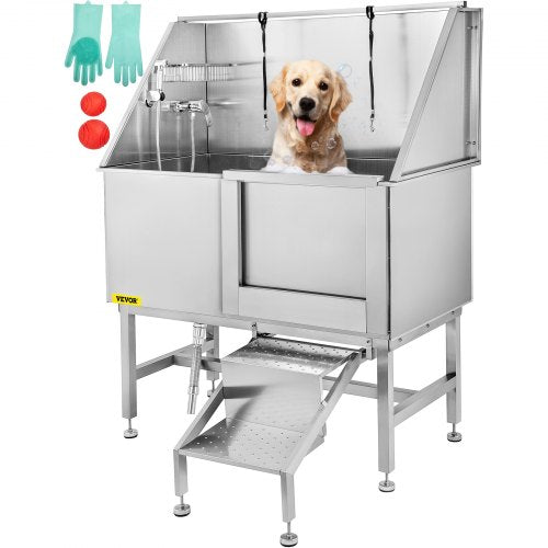50inch Dog Grooming Tub Baths Dog Grooming Bath Stainless Steel Dog Baths for Large Dogs with Steps Faucet  Dog Washing Station Right Door