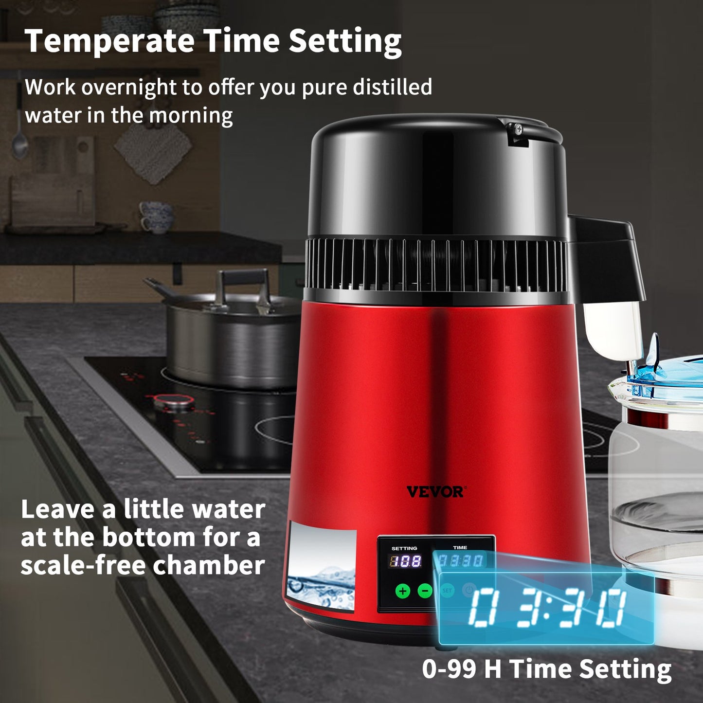 4 L Water Distiller, 1 L/H, 750W Distilled Water Maker Machine with 0-99 H Timing Setting Temp Display, 304 Stainless Steel Countertop Distiller Glass Carafe Cleaning Powder 3 Carbon Packs, Red