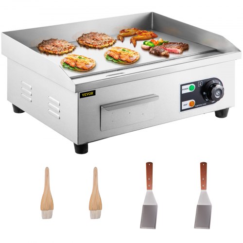 Commercial Electric Griddle, 18" Teppanyaki Grill, 2500W Electric Flat Top Grill, Stainless Steel Electric Countertop Griddle w/ Drip Hole, 50-300℃ Countertop Griddle for Pancake, Chicken
