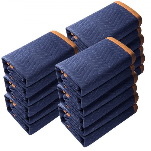 Moving Blankets, 80" x 72", 65 lbs/dz Weight, 12 Packs, Professional Non-Woven & Recycled Cotton Packing Blanket, Heavy Duty Mover Pads for Protecting Furniture, Floors, Appliances, Blue/Orange