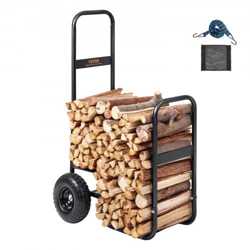Firewood Log Cart, 250 lbs Load Capacity, Outdoor and Indoor Wood Rack Storage Mover with Pneumatic Rubber Wheels, Heavy Duty Steel Dolly Hauler, Firewood Carrier for Fireplace, Fire Pit, Black