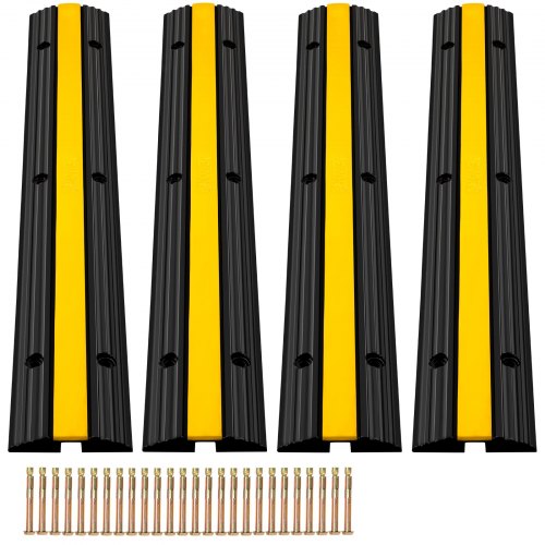 Cable Protector Ramp, 4 Packs 1 Channel Speed Bump Hump, Rubber Modular Rated 18000 LBS Load Capacity Protective Wire Cord Driveway Traffic, Black