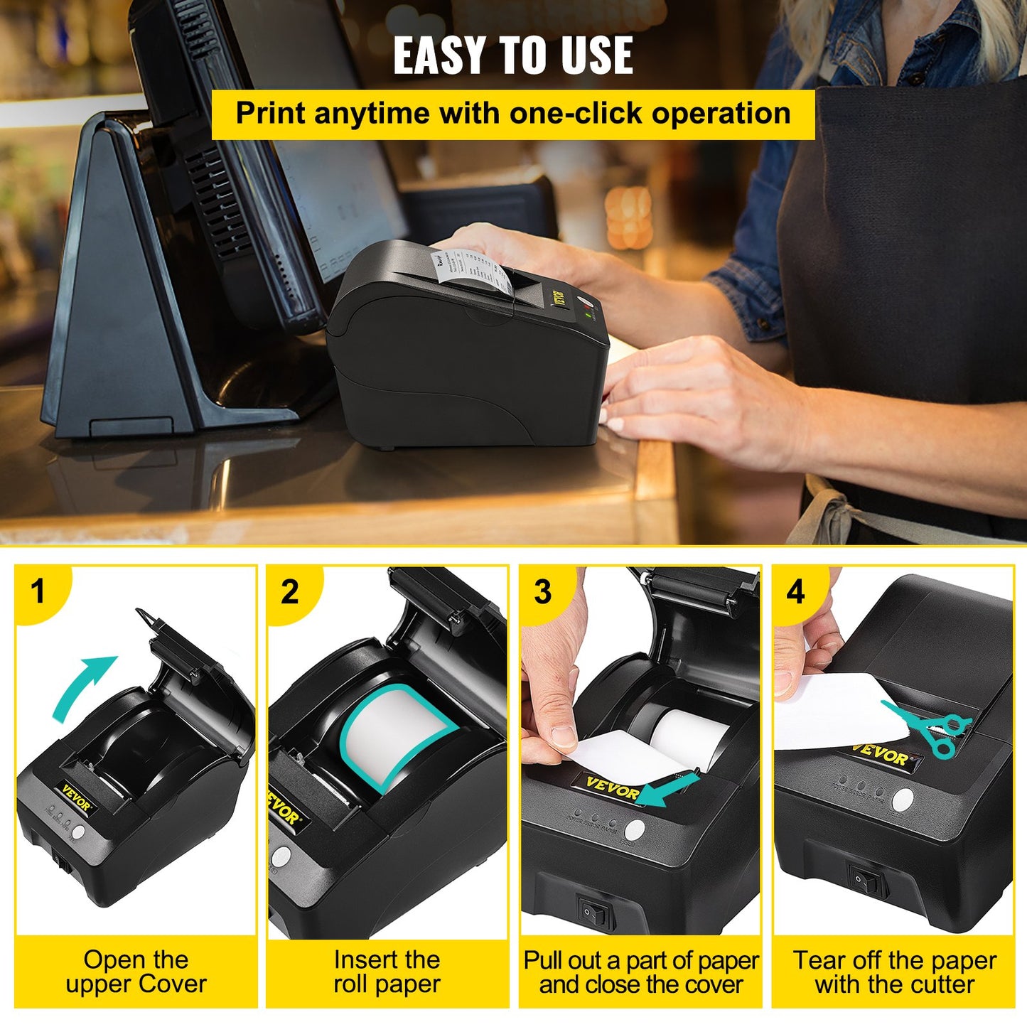 Printer Receipt, 58mm Thermal Printer, USB Port Printer, ESC/POS Command Thermal Receipt Printer, Portable for Bank, Supermarket, Office, Restaurant Support Win 2003/XP/7/8/10 & Cashbox Driver