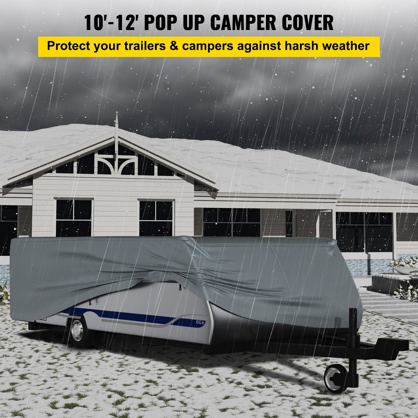 Pop Up Camper Cover, Fit for 10'-12' Trailers, Ripstop 4-Layer Non-woven Fabric Folding Trailer Covers, UV Resistant Waterproof RV Storage Cover w/ 3 Wind-proof Ropes and 1 Storage Bag, Gray