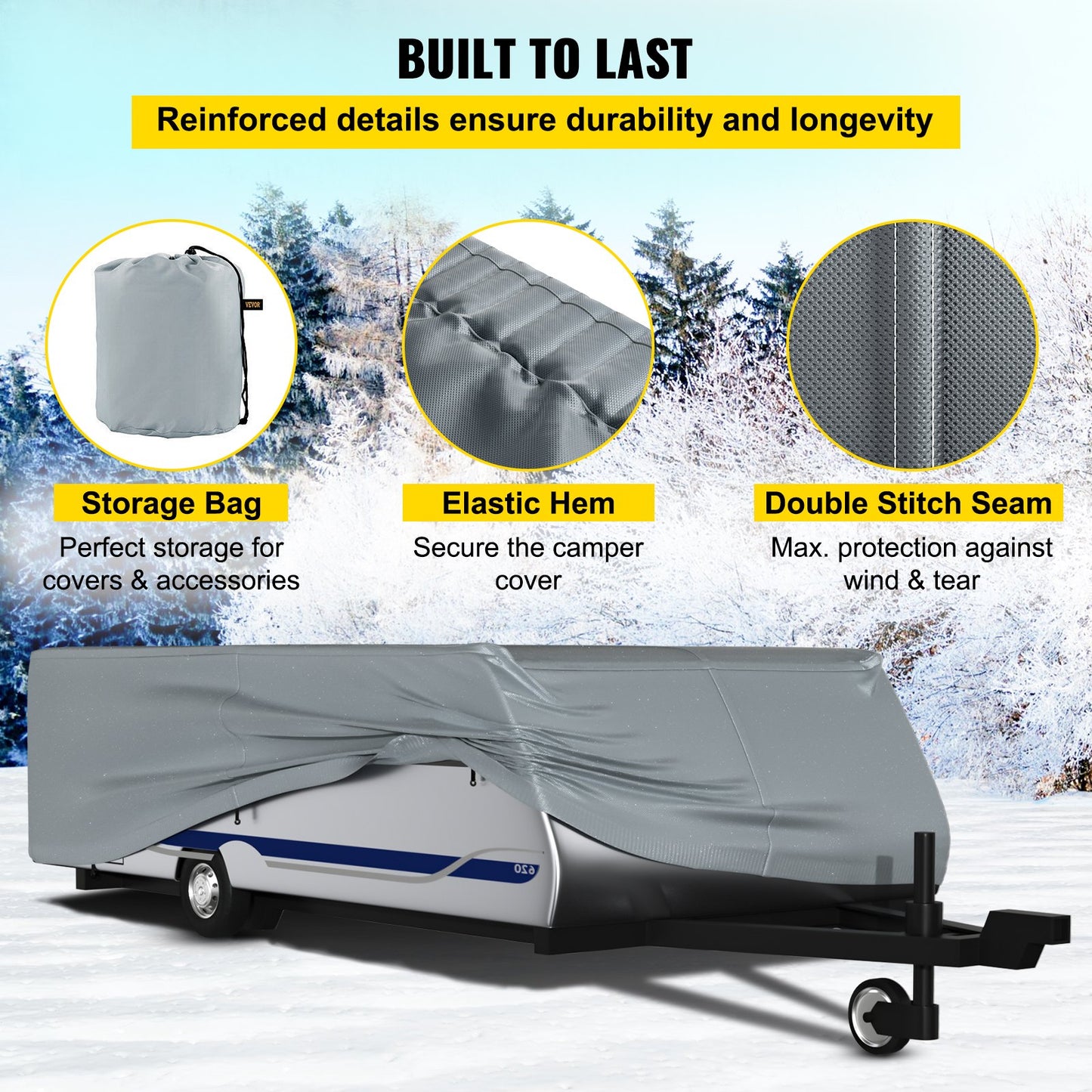 Pop Up Camper Cover, Fit for 10'-12' Trailers, Ripstop 4-Layer Non-woven Fabric Folding Trailer Covers, UV Resistant Waterproof RV Storage Cover w/ 3 Wind-proof Ropes and 1 Storage Bag, Gray