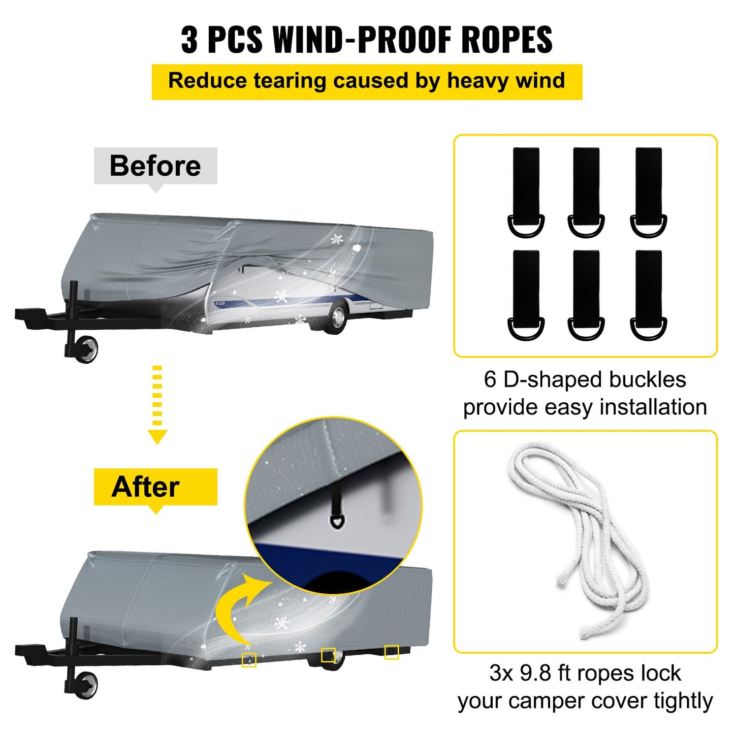 Pop Up Camper Cover, Fit for 10'-12' Trailers, Ripstop 4-Layer Non-woven Fabric Folding Trailer Covers, UV Resistant Waterproof RV Storage Cover w/ 3 Wind-proof Ropes and 1 Storage Bag, Gray