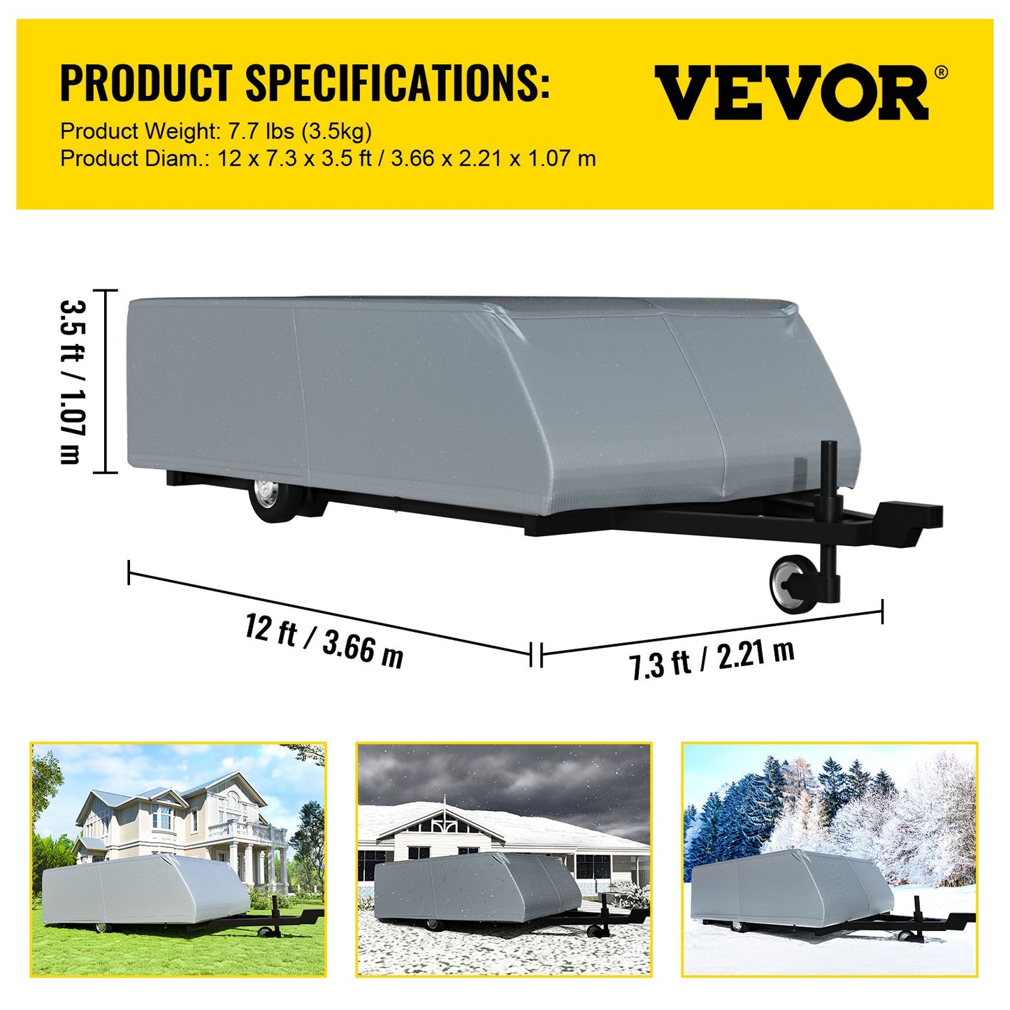 Pop Up Camper Cover, Fit for 10'-12' Trailers, Ripstop 4-Layer Non-woven Fabric Folding Trailer Covers, UV Resistant Waterproof RV Storage Cover w/ 3 Wind-proof Ropes and 1 Storage Bag, Gray