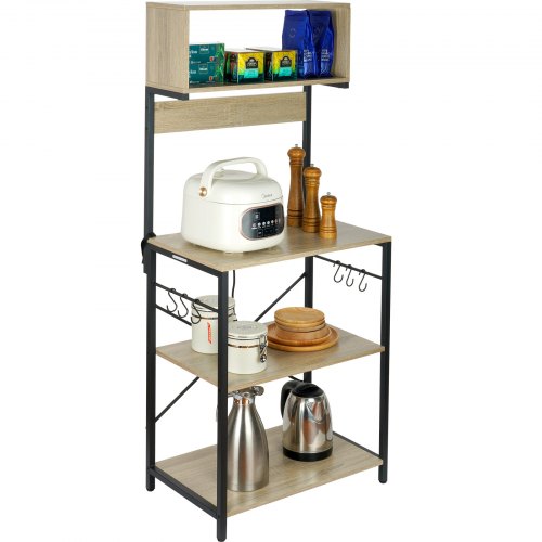 Kitchen Baker's Rack, 4-Tier Industrial Microwave Stand with Hutch & 6 S-Shaped Hooks, Multifunctional Coffee Station Organizer with Utility Storage Shelf for Kitchen, Living Room, Oak