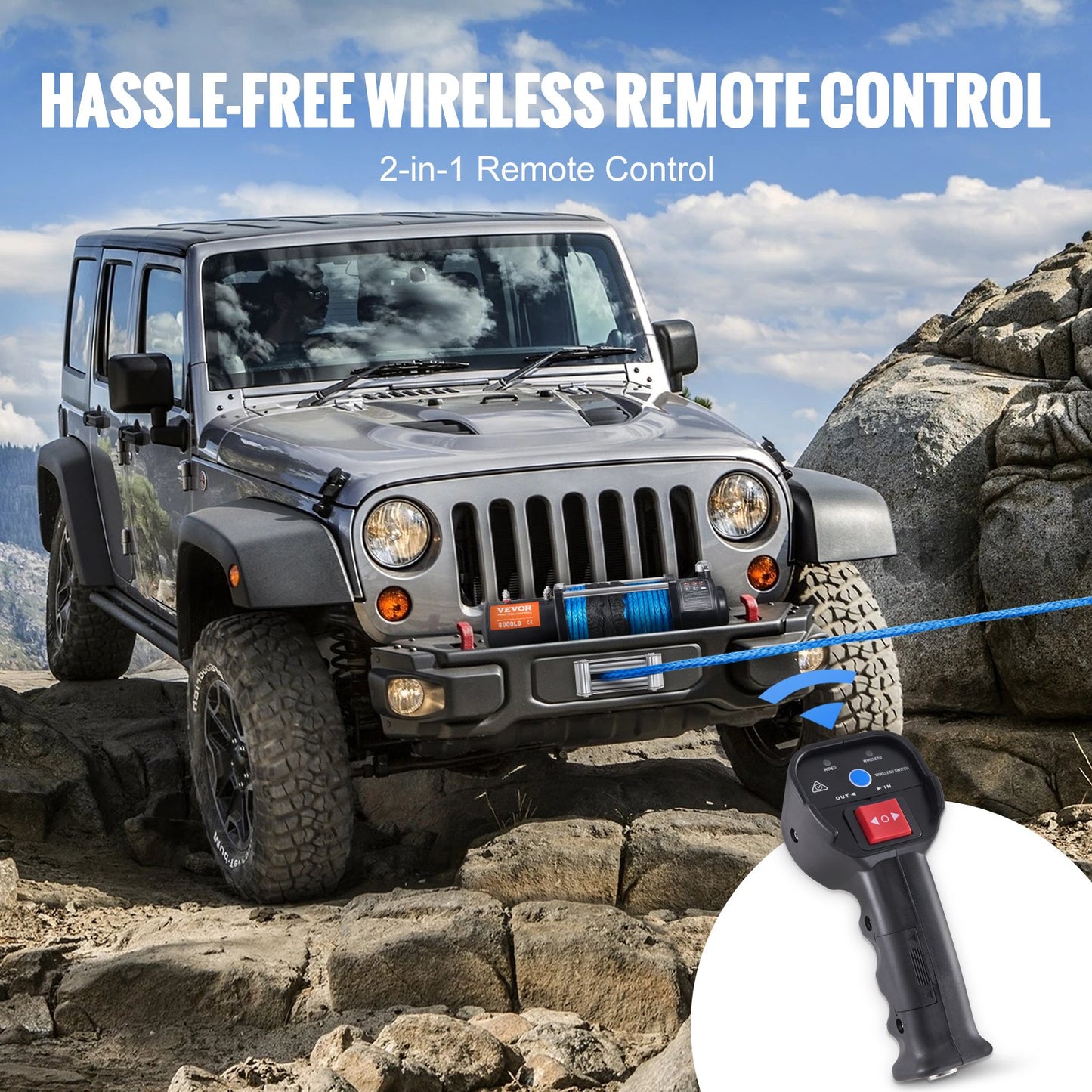 Electric Winch, 12V 8000 lb Load Capacity Nylon Rope Winch, IP67 7/20” x 85ft ATV Winch with Wireless Handheld Remote & Hawse Fairlead for Towing Jeep Off-Road SUV Truck Car Trailer Boat