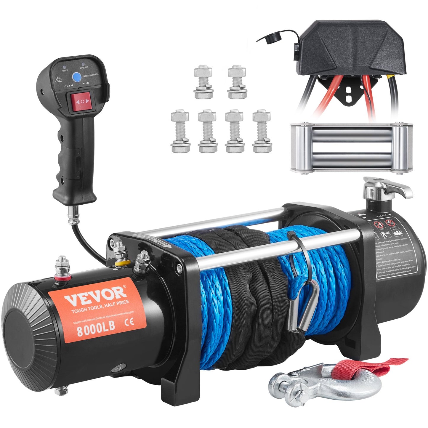 Electric Winch, 12V 8000 lb Load Capacity Nylon Rope Winch, IP67 7/20” x 85ft ATV Winch with Wireless Handheld Remote & Hawse Fairlead for Towing Jeep Off-Road SUV Truck Car Trailer Boat