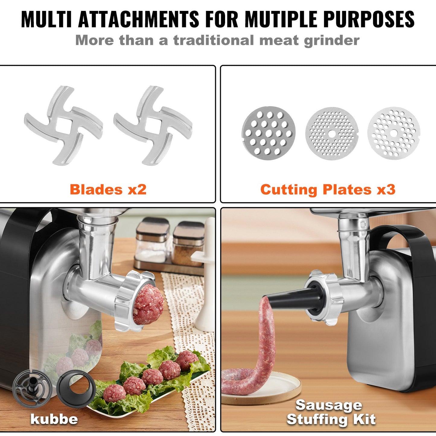 Electric Meat Grinder, 6.6 Lb/Min, 550W（2200W MAX) Industrial Meat Mincer with 2 Blade, 3 Grinding Plates, Sausage Maker & Kubbe Kit ABS + Stainless Steel Commercial Meat Grinder, ETL Listed