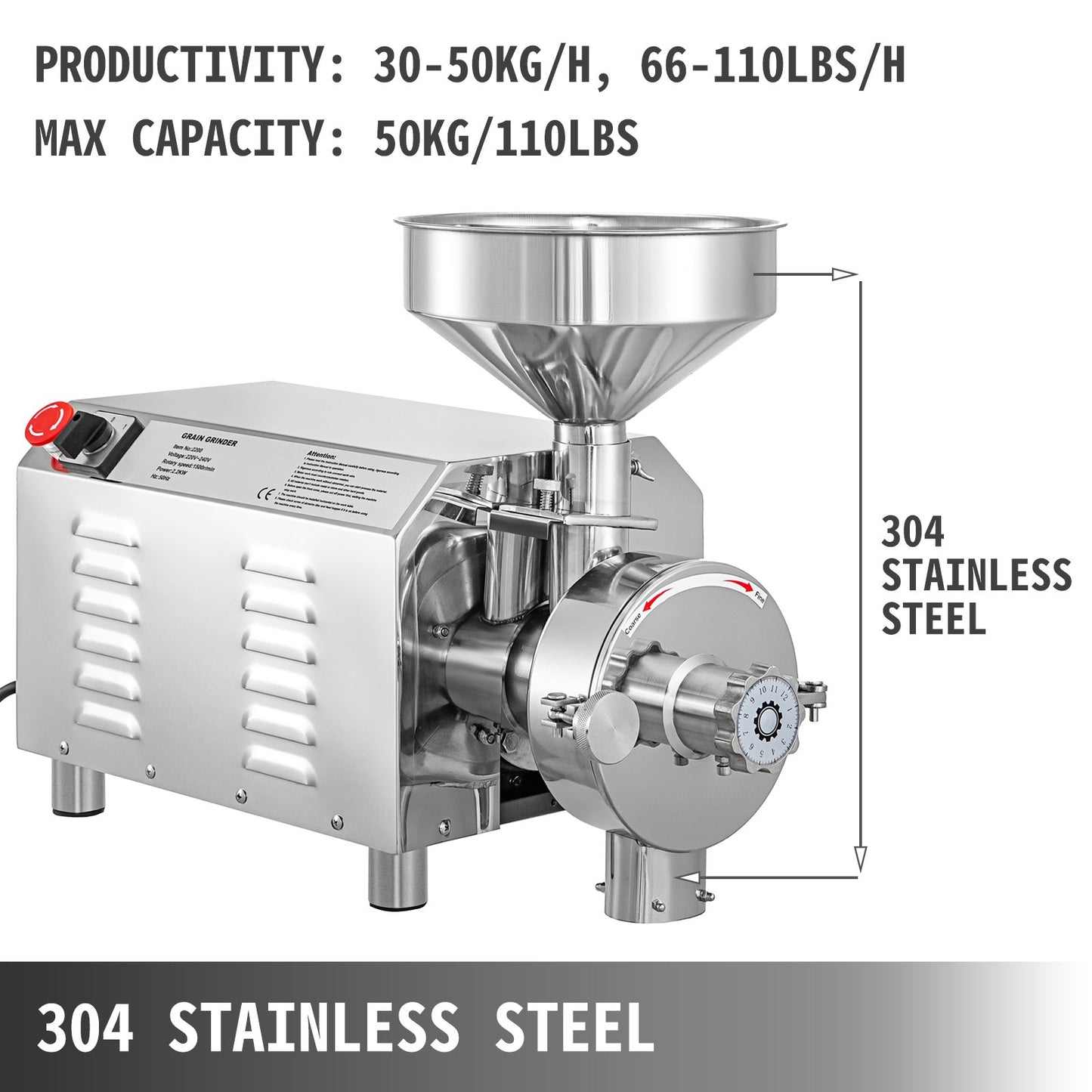 Commercial Grinding Machine for Grain 2.2kw, Electric Grain Grinder 30-50kg/h, Powder Grinding Machine 50kg Capacity, Powder Machine Herb Stainless Steel, for Dry Grain Soybean Spice Coffee