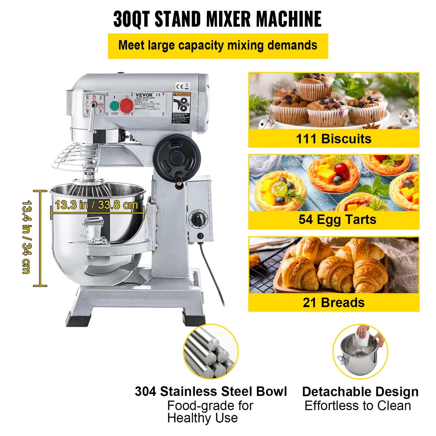Commercial Stand Mixer, 30Qt Stainless Steel Bowl, 1500W Heavy Duty Electric Food Mixer with 3 Speeds Adjustable 108/199/382 RPM, Dough Hook Whisk Beater Included, Perfect for Bakery Pizzeria
