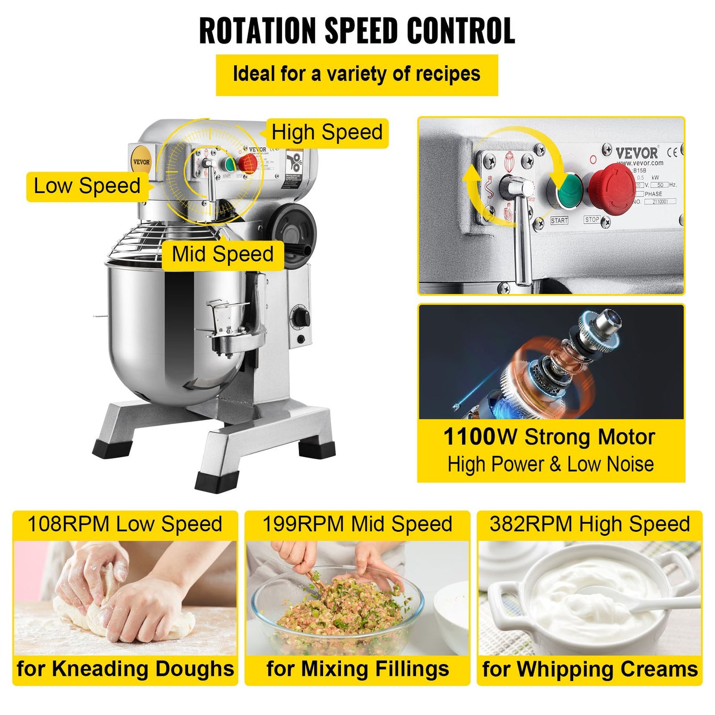 Commercial Stand Mixer, 30Qt Stainless Steel Bowl, 1500W Heavy Duty Electric Food Mixer with 3 Speeds Adjustable 108/199/382 RPM, Dough Hook Whisk Beater Included, Perfect for Bakery Pizzeria