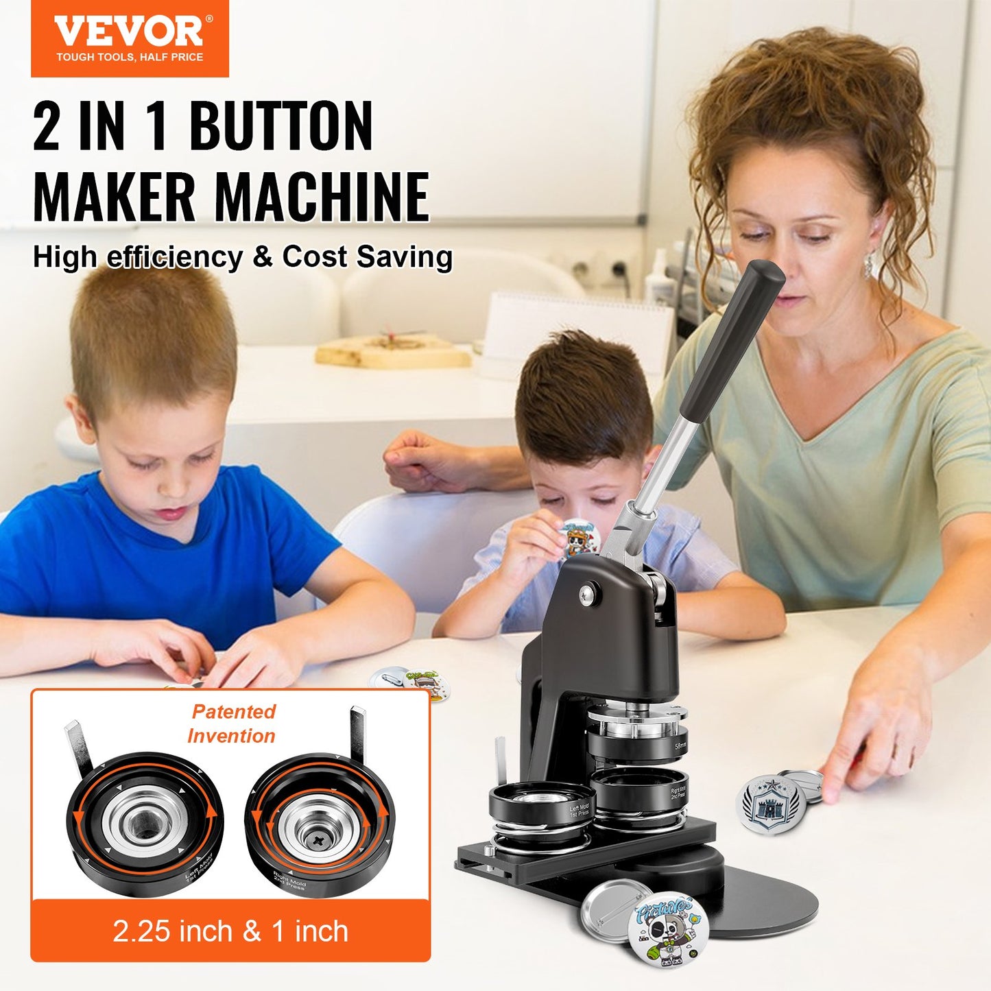 Button Maker Machine, Multiple Sizes 1+2.25 Inch Badge Punch Press Kit, Children DIY Gifts Pin Maker, Button Making Supplies with 500pcs Button Parts & Circle Cutter & Magic Book