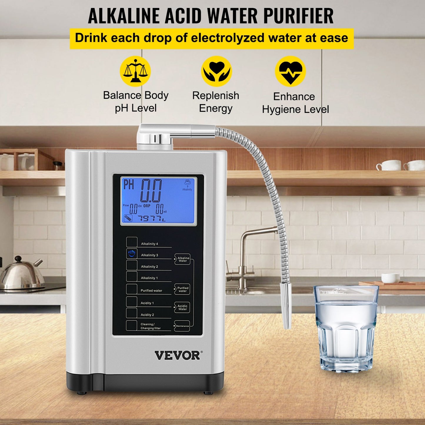 Water Ionizer Machine, 7 Water Settings, Alkaline Acid Home Filtration System w/ 3.8" LCD Touch Panel, pH3.5-10.5 Kangen Water w/ 6000L Replaceable Filter, up to 1200PPM TDS & -500mV ORP, Silver