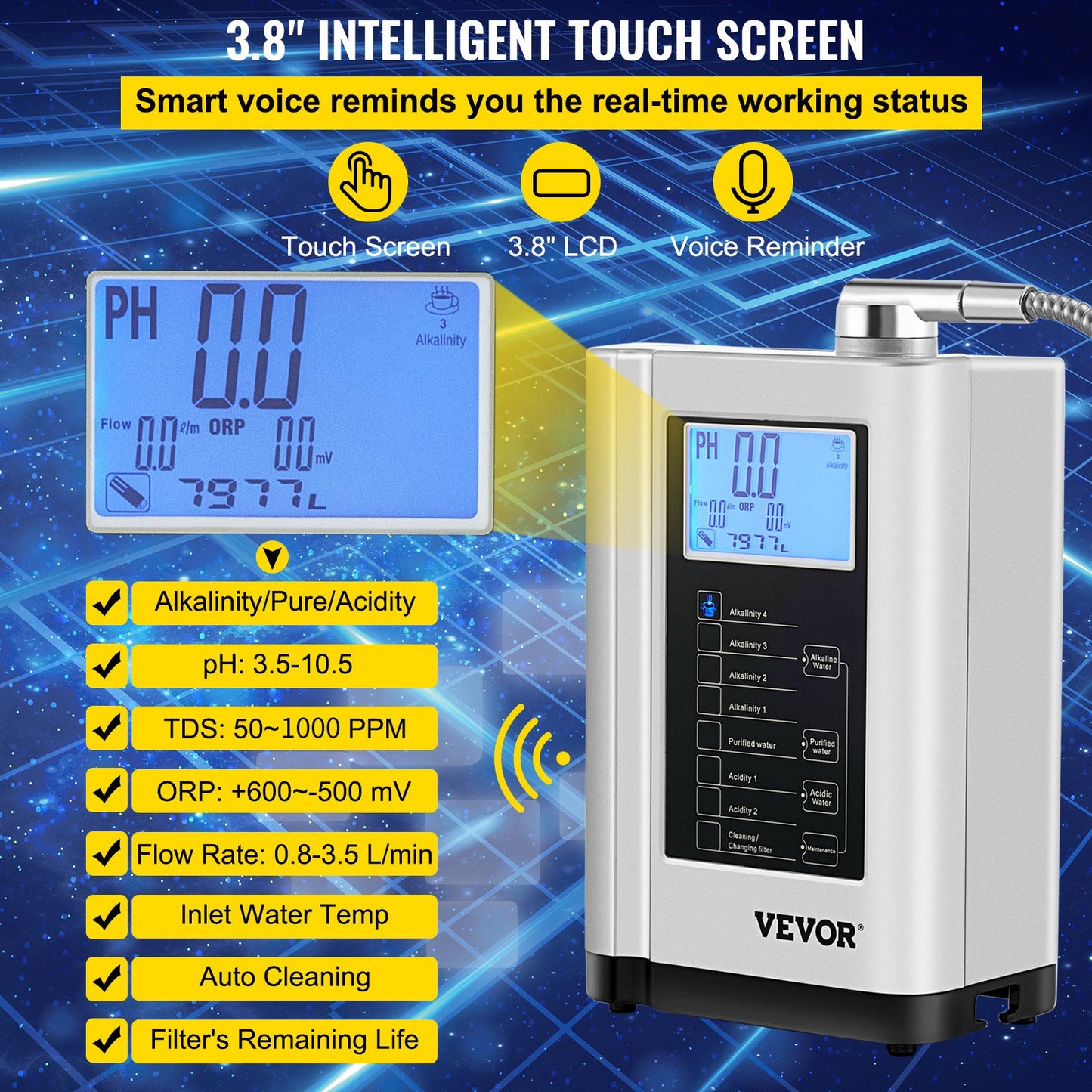 Water Ionizer Machine, 7 Water Settings, Alkaline Acid Home Filtration System w/ 3.8" LCD Touch Panel, pH3.5-10.5 Kangen Water w/ 6000L Replaceable Filter, up to 1200PPM TDS & -500mV ORP, Silver
