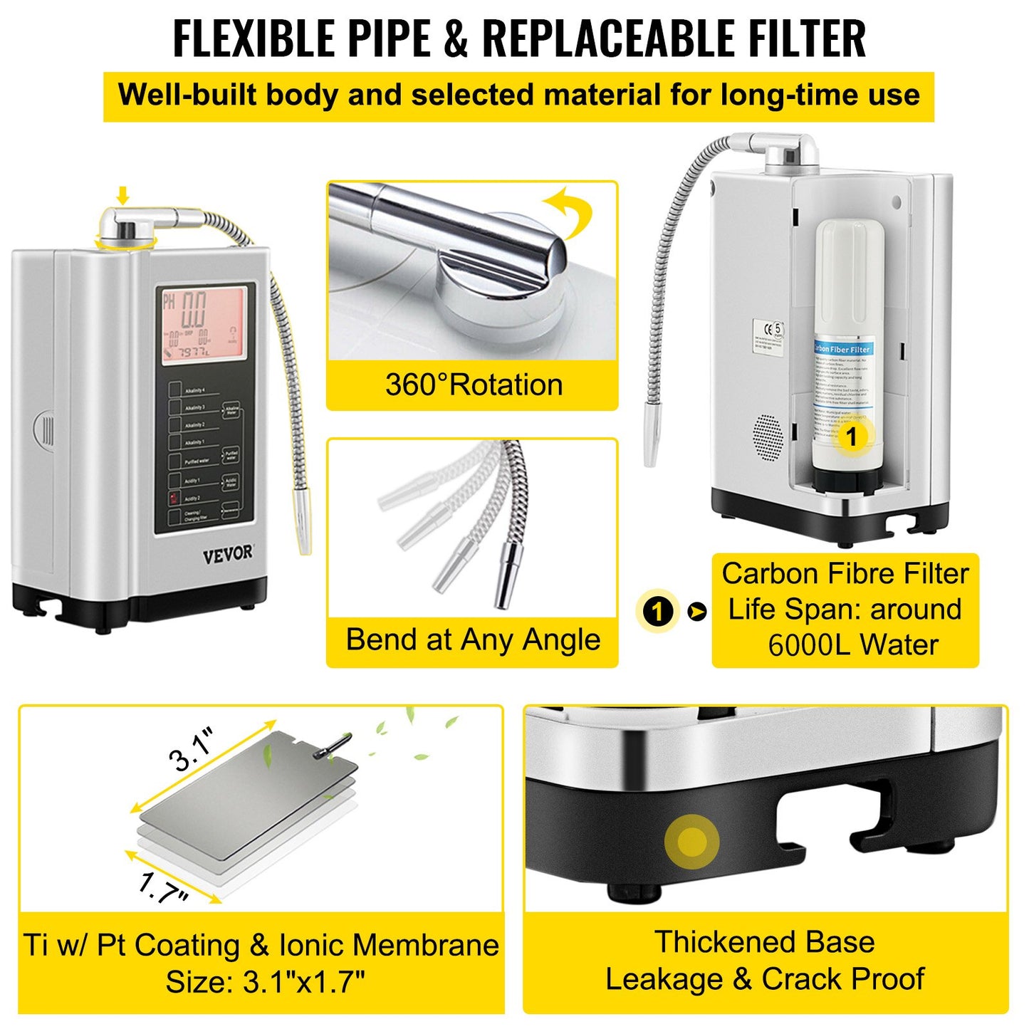 Water Ionizer Machine, 7 Water Settings, Alkaline Acid Home Filtration System w/ 3.8" LCD Touch Panel, pH3.5-10.5 Kangen Water w/ 6000L Replaceable Filter, up to 1200PPM TDS & -500mV ORP, Silver