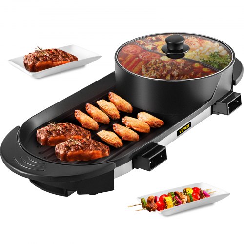 2 in 1 BBQ Pan Grill and Hot Pot with Divider Multifunctional Teppanyaki Grill Pot, Separate Dual Temperature Control Electric BBQ Stove Hot Pot, 5 Speed for Indoor Korean BBQ, Shabu Shabu Black