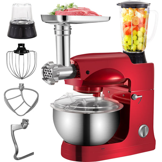 4 in 1 Stand Mixer 1000W Multifunctional Electric Kitchen Mixer 6-Speed Meat Grinder Juice Blender with 5.3QT Stainless Steel Bowl, Hook, Whisk and Beater Tilt-Head Dough Machine, Red