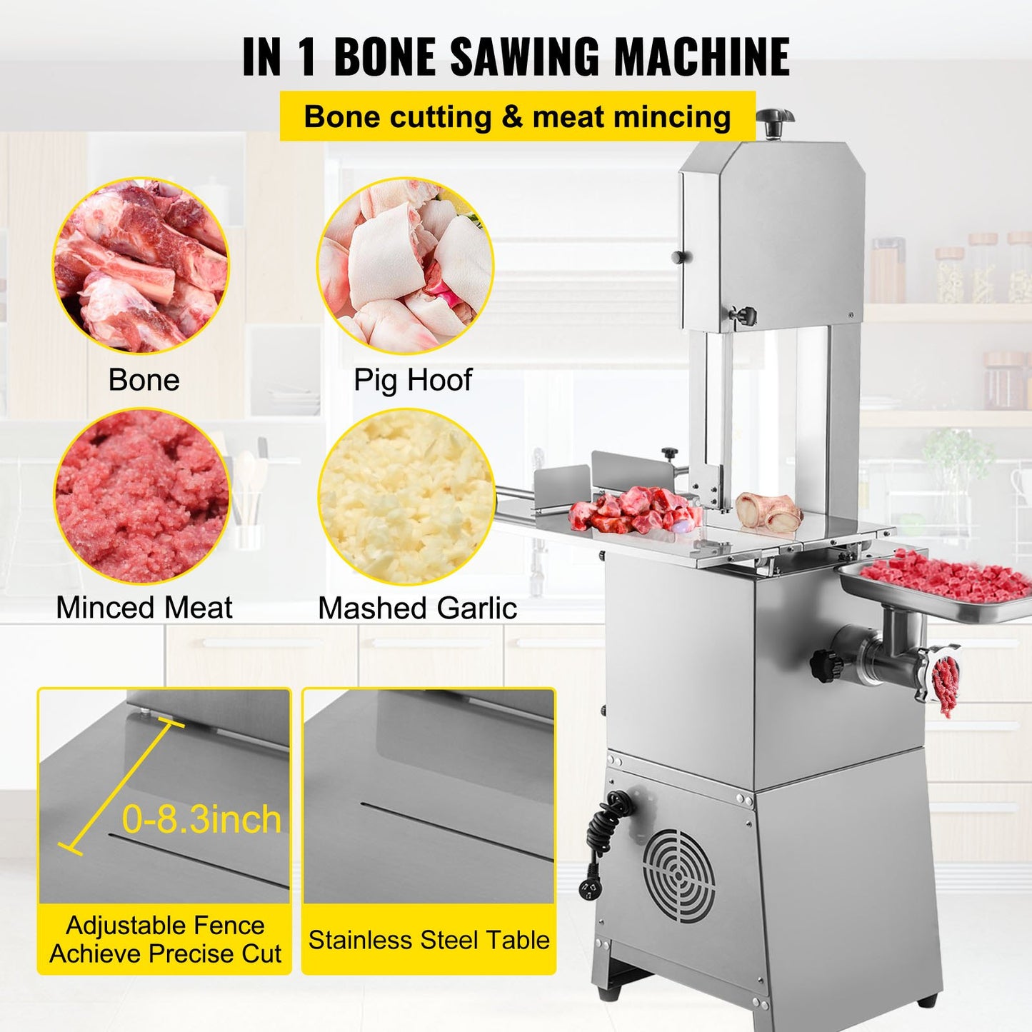 Commercial Electric Meat Bandsaw, 1100W Bone Cutting Machine, Stainless Steel Blade Bone Sawing Machine, 24x18 inch Workbench Meat Cutting Bandsaw Cutting Thickness 0-8.3 inch for Fish Pork Beef