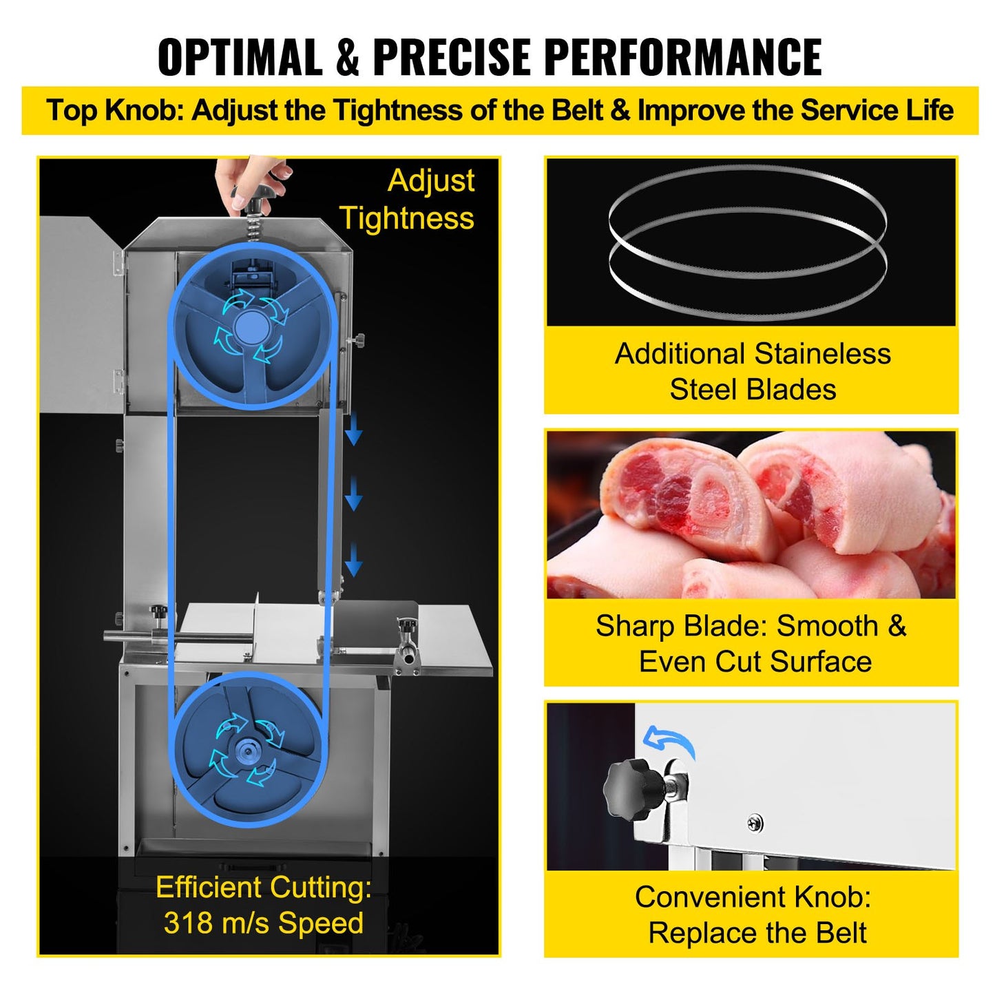 Commercial Electric Meat Bandsaw, 1100W Bone Cutting Machine, Stainless Steel Blade Bone Sawing Machine, 24x18 inch Workbench Meat Cutting Bandsaw Cutting Thickness 0-8.3 inch for Fish Pork Beef