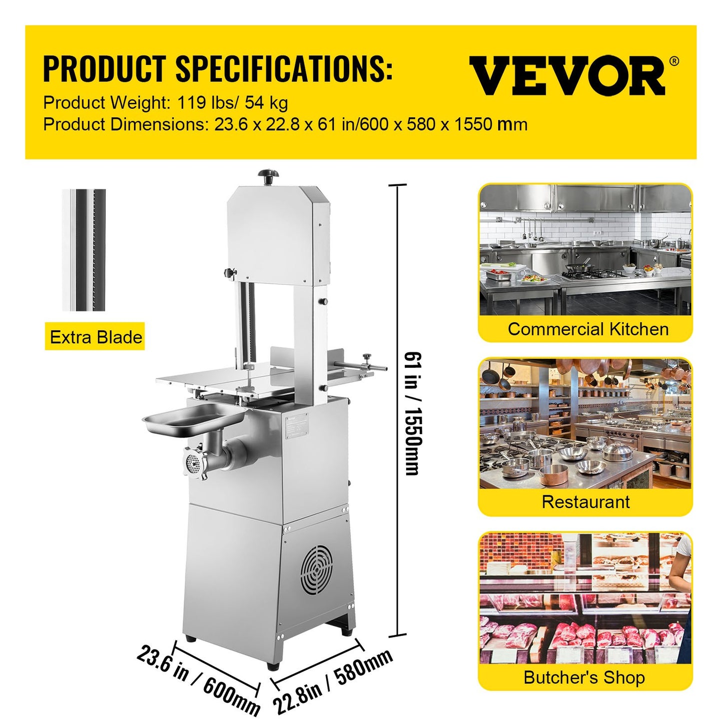 Commercial Electric Meat Bandsaw, 1100W Bone Cutting Machine, Stainless Steel Blade Bone Sawing Machine, 24x18 inch Workbench Meat Cutting Bandsaw Cutting Thickness 0-8.3 inch for Fish Pork Beef
