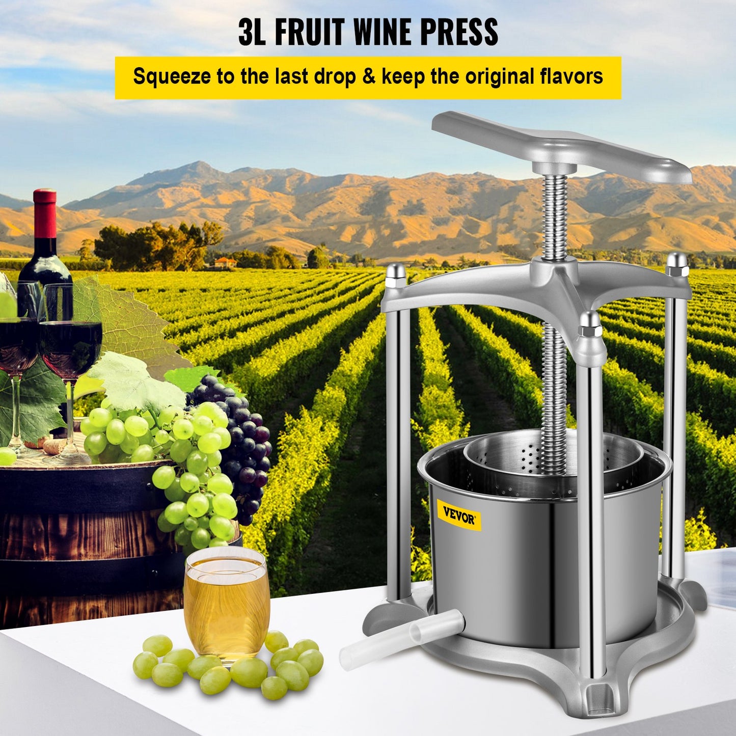 Fruit Wine Press, 0.8Gal Wine Press, 3L Fruit Cider Grinder w/ Dual Stainless Steel Barrels, Manual Press Machine with Triangular Structure & T-Handle, for Cider Tincture Cheese Herb Vegetables