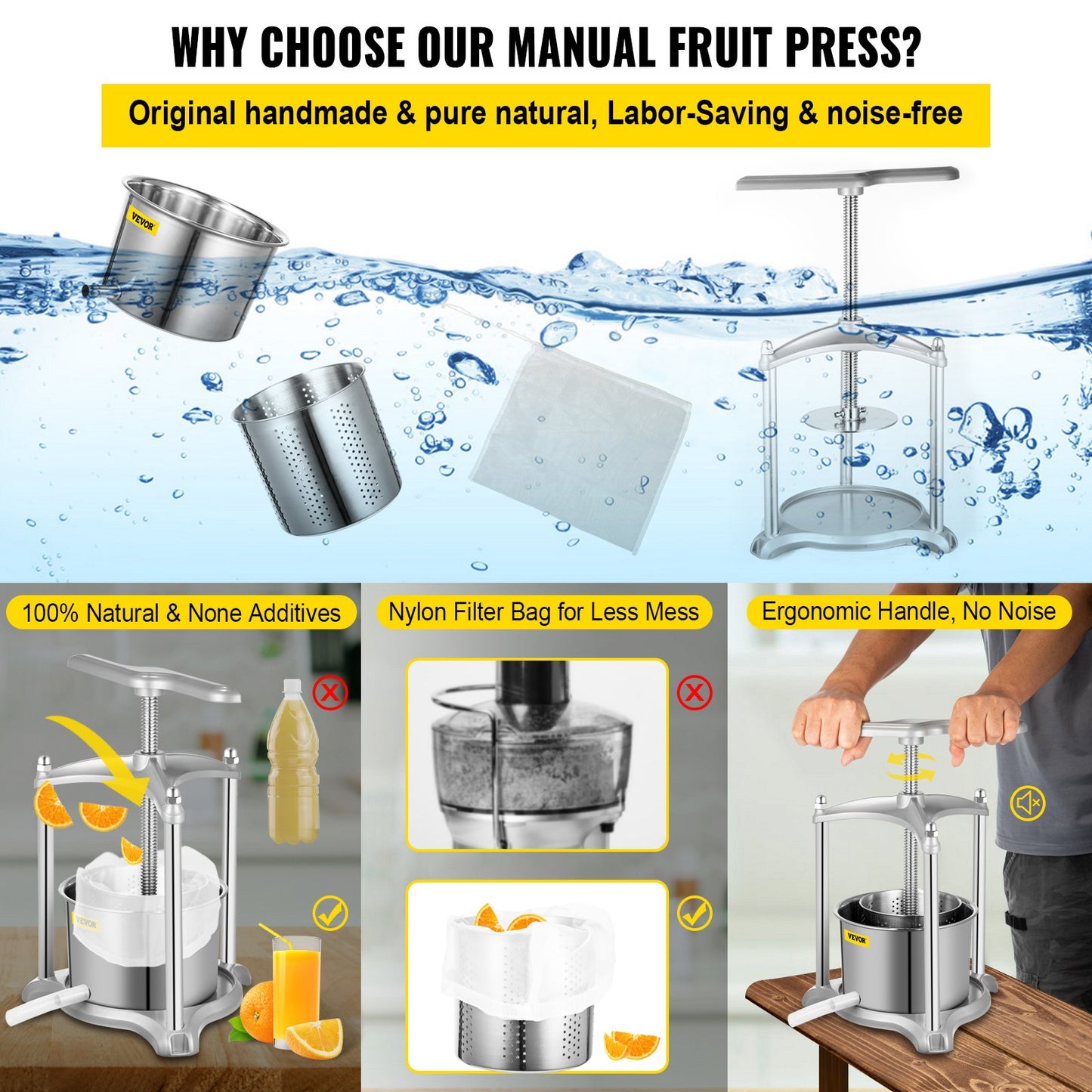 Fruit Wine Press, 0.8Gal Wine Press, 3L Fruit Cider Grinder w/ Dual Stainless Steel Barrels, Manual Press Machine with Triangular Structure & T-Handle, for Cider Tincture Cheese Herb Vegetables