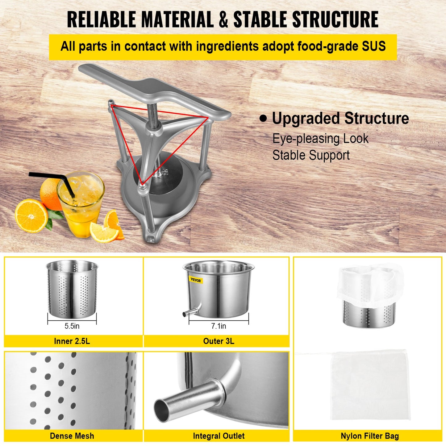 Fruit Wine Press, 0.8Gal Wine Press, 3L Fruit Cider Grinder w/ Dual Stainless Steel Barrels, Manual Press Machine with Triangular Structure & T-Handle, for Cider Tincture Cheese Herb Vegetables