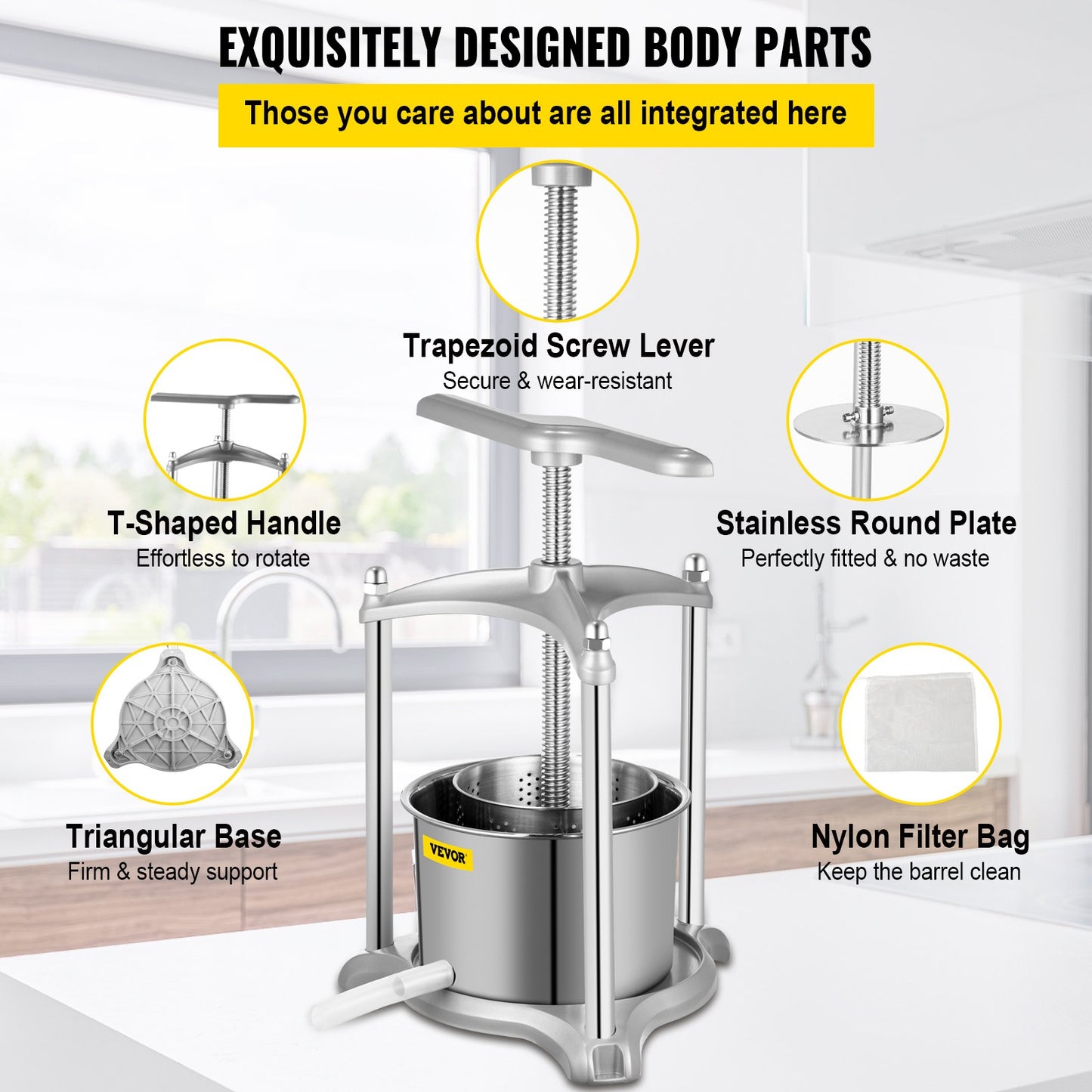 Fruit Wine Press, 0.8Gal Wine Press, 3L Fruit Cider Grinder w/ Dual Stainless Steel Barrels, Manual Press Machine with Triangular Structure & T-Handle, for Cider Tincture Cheese Herb Vegetables