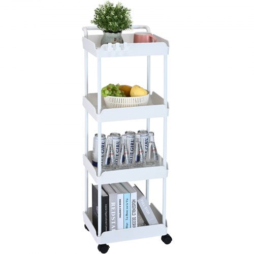 4-Tier Rolling Utility Cart, Kitchen Cart with Lockable Wheels, Multi-Functional Storage Trolley with Handle for Office, Living Room, Kitchen, Movable Storage Basket Organizer Shelves, White