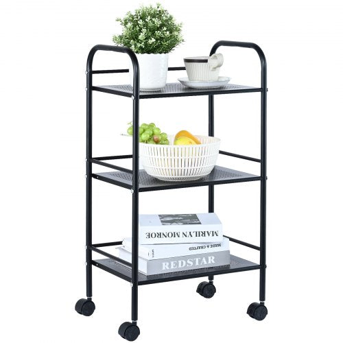 3-Tier Metal Rolling Cart, Heavy Duty Utility Cart with Lockable Wheels, Multi-Functional Storage Trolley with Handle for Office, Living Room, Kitchen, Movable Storage Organizer Shelves, Black