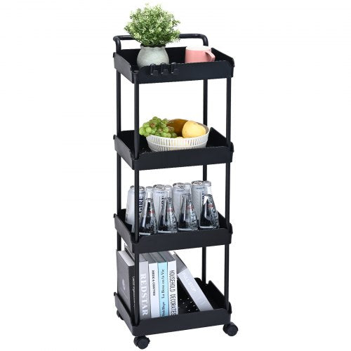 4-Tier Rolling Utility Cart, Kitchen Cart with Lockable Wheels, Multi-Functional Storage Trolley with Handle for Office, Living Room, Kitchen, Movable Storage Basket Organizer Shelves, Black