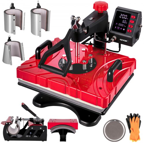 Heat Press 12X15 Inch 8 In 1 Heat Press 1000W Heat Press Machine with 360° Rotation Swing Away Red Heat Press T-Shirt Sublimation Machine Dual-tube Heating for DIY Caps  Mugs and Shirts