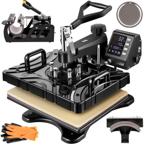 Heat Press 5 In 1 12x15 Inch Sublimation Machine 1000W Black Multifunctional Swing Away Heat Press Machine T-shirt Printer Transfer Dual-tube Heating 360 Degree Rotation for DIY Cap and Mugs