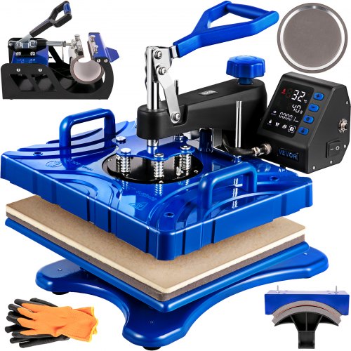 Heat Press 5 In 1 12x15 Inch Sublimation Machine 1000W Blue Multifunctional Swing Away Heat Press T-shirt Printer Transfer Dual-tube Heating 360 Degree Rotation for DIY Cap and Mugs