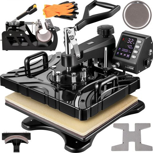 Heat Press 12X15 Inch 6 In 1 Heat Press 1000W Swing Away Black Sublimation Printer Transfer Machine T-Shirt Press with Dual-tube Heating Accurate Control Screen Display for DIY Shoes Cap Mugs