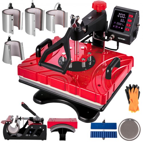 Heat Press 12X15 Inch 10 In 1 Heat Press 1000W Heat Press Machine with 360° Rotation Swing Away Red Heat Press T-Shirt Sublimation Machine Dual-tube Heating for DIY Pens Caps  Mugs and Shirts