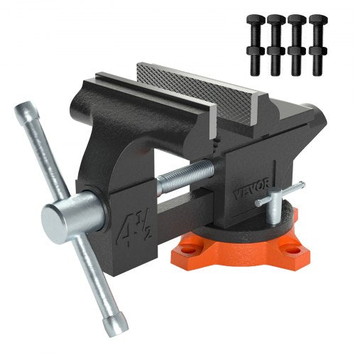 Bench Vise, 4.5-inch Jaw Width 3.3-inch Jaw Opening , 240-Degree Swivel Locking Base Multipurpose Vise w/ Anvil, Heavy Duty Cast Iron Workbench Vise w/ Bolts & Nuts, for Drilling, Pipe Cutting