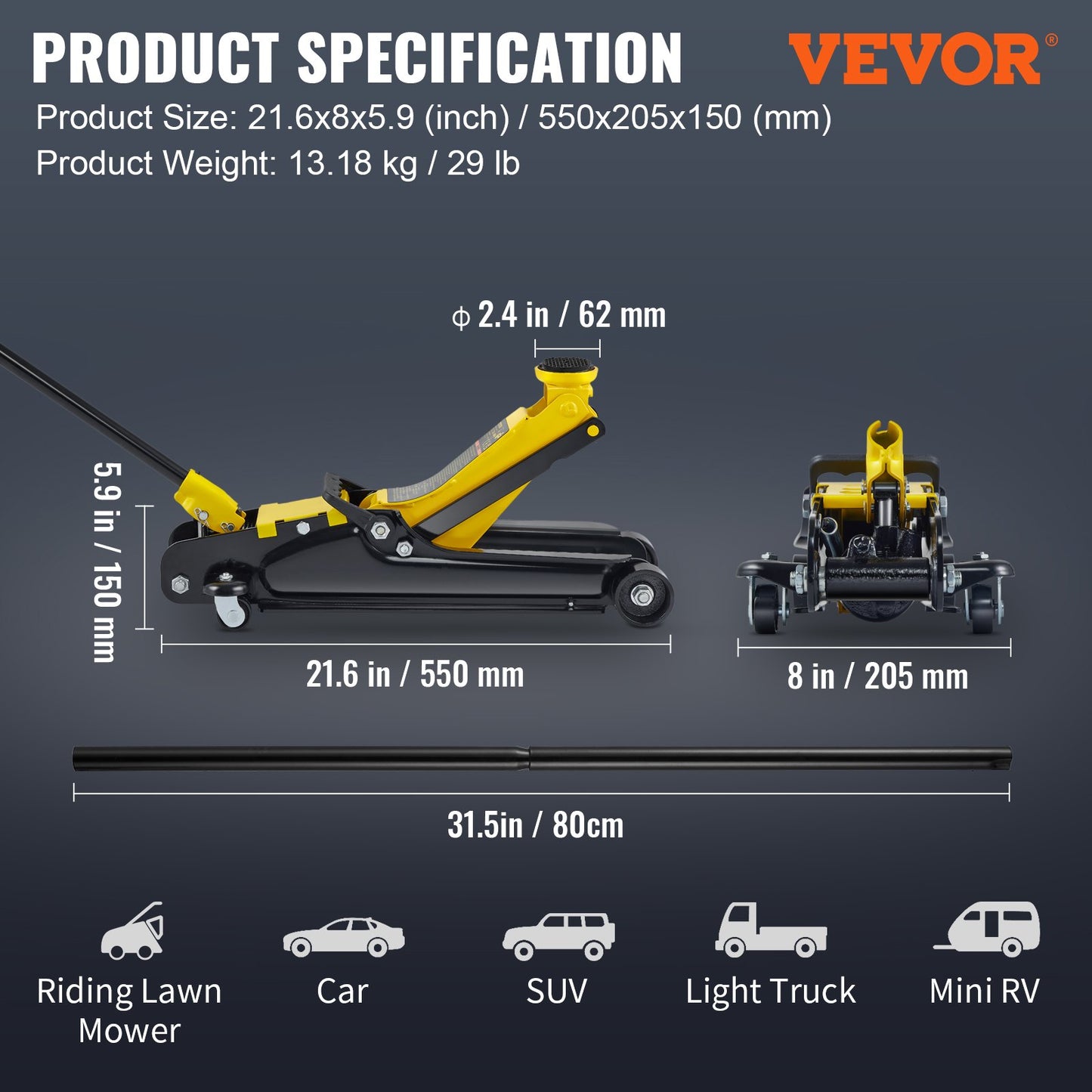 Floor Jack, 2.5 Ton Low Profile Floor Jack, Heavy-duty Steel Racing Floor Jack With Single Piston Lift Pump, Floor Jack Lifting Range 85 mm-380 mm