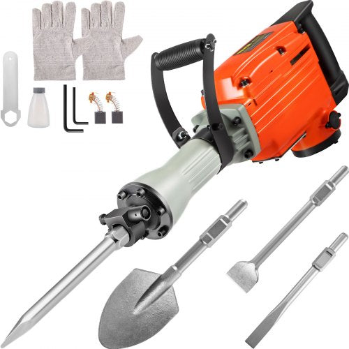 Demolition Jack Hammer 2200W Jack Hammer Concrete Breaker 1400 RPM Heavy Duty Electric Jack Hammer 4 Chisel Bit W/Gloves & 360°Swiveling Front Handle for Trenching, Chipping, Breaking Holes