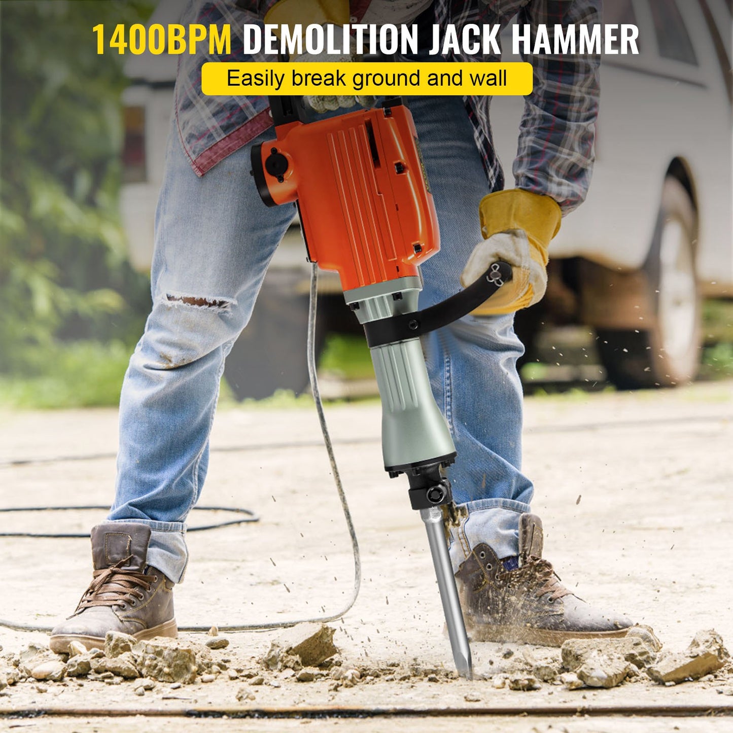 Demolition Jack Hammer 2200W Jack Hammer Concrete Breaker 1400 RPM Heavy Duty Electric Jack Hammer 4 Chisel Bit W/Gloves & 360°Swiveling Front Handle for Trenching, Chipping, Breaking Holes